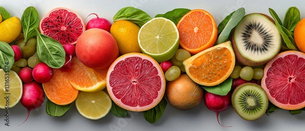 Fototapeta Burst of Citrus: A vibrant medley of fresh citrus fruits and complementary produce creates a colorful and inviting display. The arrangement bursts with natural freshness and enticing textures.