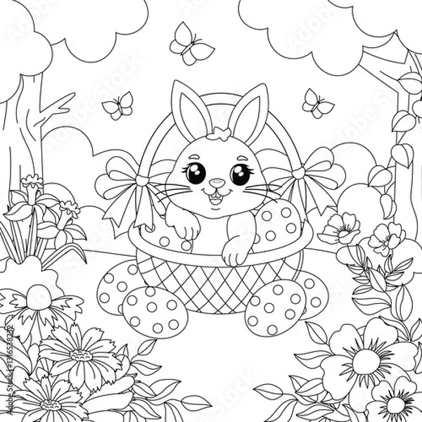 Fototapeta Coloring Easter bunny with a basket. For children's creativity, prints and embroidery. Vector illustration.