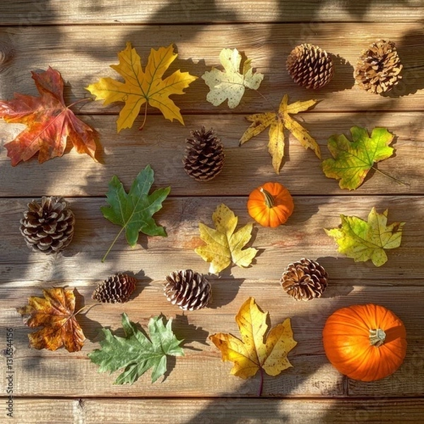 Obraz Autumn flatlay with pumpkins, leaves, and pine cones on wood.