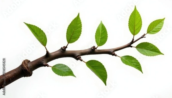 Fototapeta Twisted branch with knots and leaves isolated on white surface, knot, forest, nature