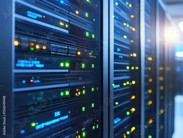 Fototapeta A close-up view of a modern data center showcasing rows of servers with illuminated indicators, reflecting advanced technology and efficient data processing