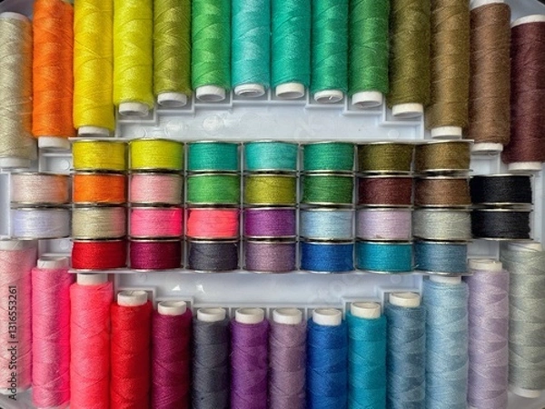 Obraz Colorful sewing thread spools and bobbins in a box. Lay flat view.