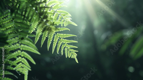 Fototapeta Sunbeams Dance Through Emerald Canopy A Serene Glimpse into the Heart of a Lush Fern