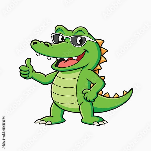 Obraz Happy green cartoon crocodile or alligator showing giving thumbs up vector cartoon illustration isolated on white background