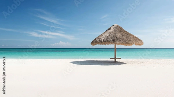 Fototapeta A tranquil scene of azure blue sea meeting pristine white sand, with a palm branch umbrella providing a shade in the serene, untouched landscape. Not a soul in sight, peaceful atmosphere.
