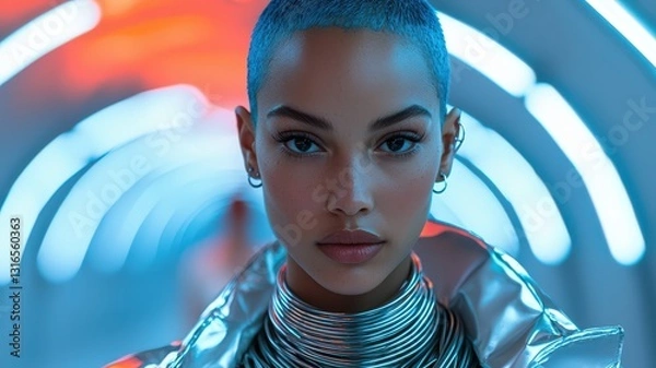 Obraz Stylish Look in a Futuristic Lit Tunnel with Short Blue Hair (Theme: Fashion and Style)