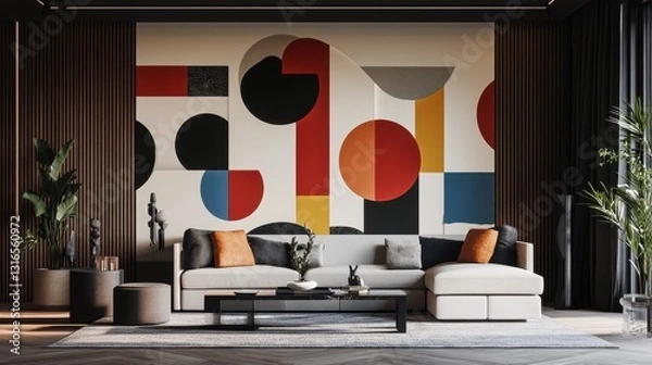 Fototapeta A Modern Living Room Displaying Abstract Art and Decorative Elements