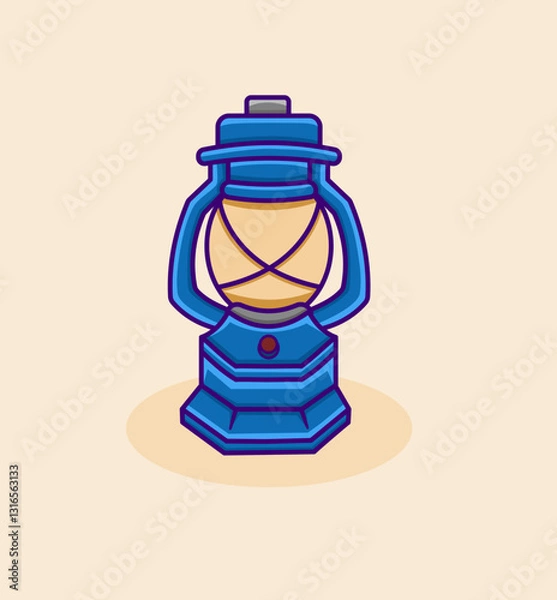 Fototapeta Vintage style blue lantern with yellow light on is designed in flat cartoon style, isolated on white background. illustration vector.