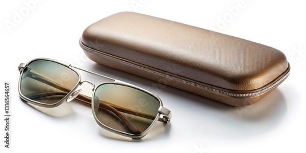 Fototapeta Overhead View of Sunglasses Case with Reflection on White Background for Creative Copy Space Design