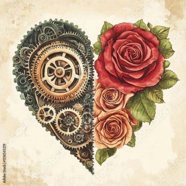 Obraz Artistic depiction of a heart constructed with gears and roses