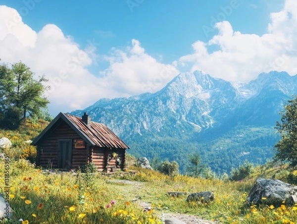 Fototapeta Rustic cabin nestled in a wildflower meadow against a mountain backdrop