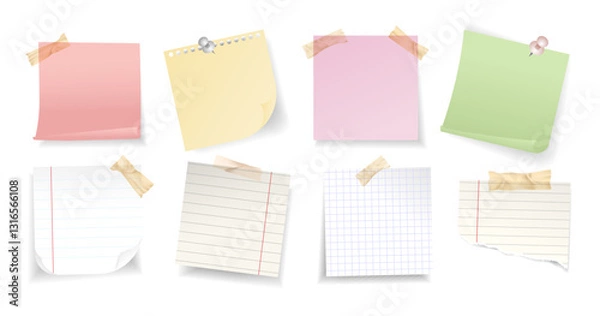 Obraz Blank sticky notes and torn notepaper set in various colors and styles, secured with adhesive tape and push pins. Includes lined, grid, and plain paper sheets for memo or reminder concepts.Vector