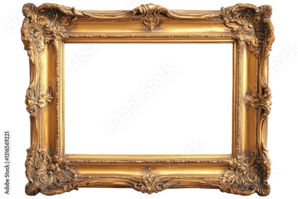 Fototapeta A golden ornate picture frame with intricate details on a white background in a studio setting