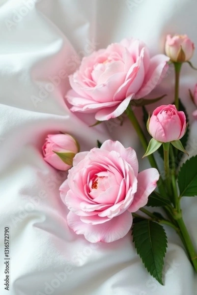 Fototapeta Delicate pink & white blooms, nestled on pristine white fabric , buds, pretty, macro