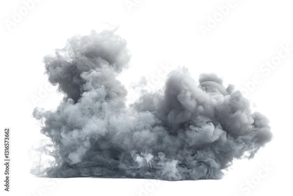 Fototapeta A large cloud of gray smoke billowing and swirling against a bright white background in a studio setting