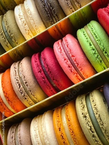 Obraz Three rows of colorful macarons (macaroons) french dessert in a box. Pastry.