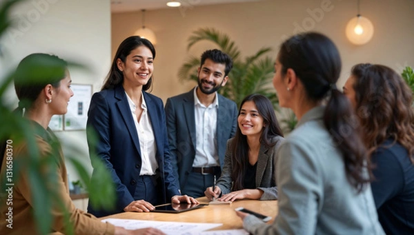 Fototapeta Indian HR Manager Conducting Employee Onboarding Session for New Hires in a Modern Corporate Office Setting