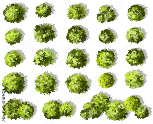 Fototapeta Vertor set of green tree,plants top view for landscape plan,schematic layout,eco environment concept design,watercolor greenery illustration