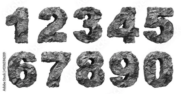 Obraz The set of stone numbers on transparent background. The grungy and rocky digits collection. 3d render