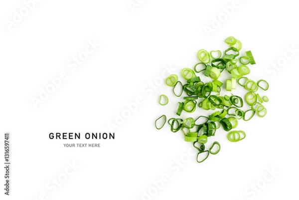 Obraz Spring green onion slices photography isolated on white background.