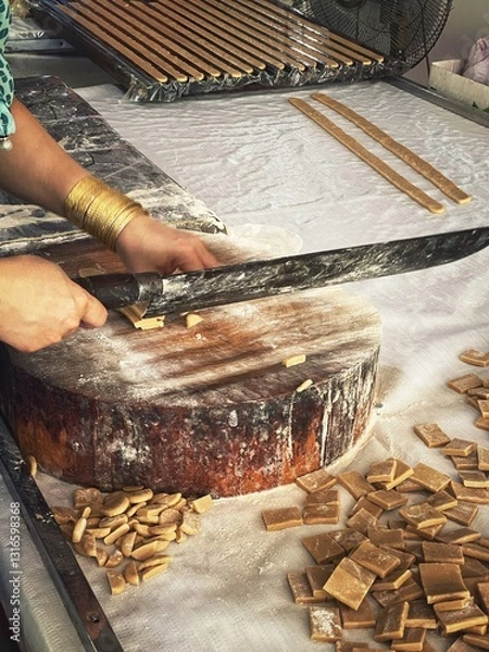 Obraz  An unrecognizable person cutting candy strips into squares with a huge knife. Thoi Son island, Vietnam. Coconut candy factory. 