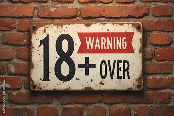Obraz 18+ Warning Sign – Age Restriction, Adults Only, Explicit Content, Caution Symbol, Vintage Metal Sign, Brick Wall Background

