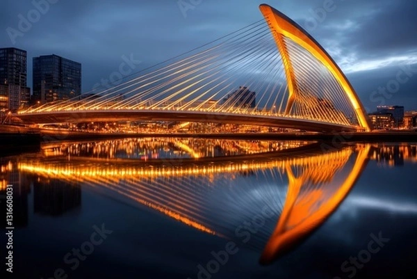 Obraz A sleek bridge illuminated by golden lights, casting a perfect reflection on the water below