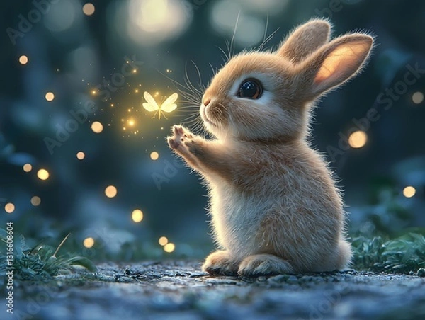 Obraz Enchanted Encounter, A Curious Bunny and a Magical Glow