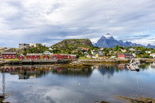 Fototapeta The village of Kabelvag from seaside, Norway. It is located on the southern shore of the island of Austvagoya in the Lofoten archipelago. The village was founded as "Vagan" in the early 12th century