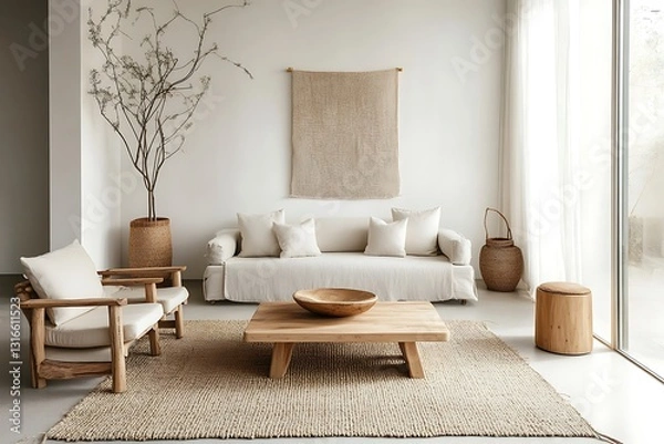 Fototapeta Elegant and Minimalist Living Room with Neutral Tones, Comfortable Seating, and Artistic Decor