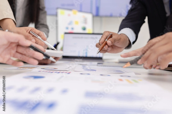 Fototapeta Group of business people working together with marketing strategy analysis at meeting room, Business technology in boardroom for training marketing concept.