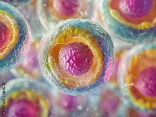Fototapeta Close up of colorful cell nucleus with a vibrant center, resembling a glowing orb in microscopic view.