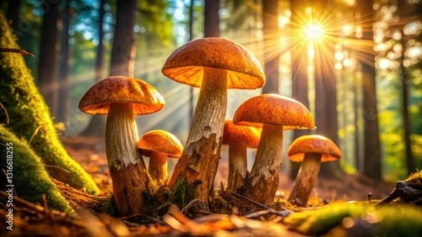 Fototapeta Enchanted forest: ethereal penny buns, magical boletus edulis, a fantasy scene unfolds.