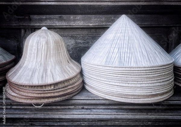 Obraz Male and female style of Vietnamese conical straw hat - native name nón lá.