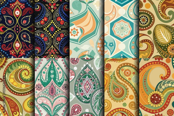 Fototapeta A vibrant collage of intricate paisley patterns in various colors and designs.