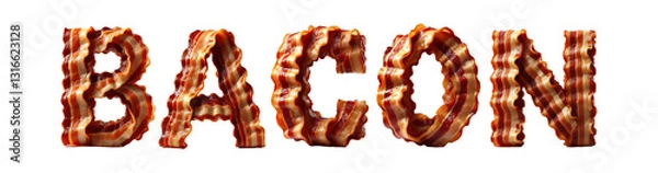 Fototapeta Creative food typography concept: The word "BACON" spelled with crispy bacon letters on a white background