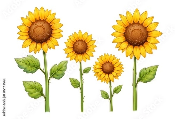 Fototapeta Four sunflowers illustrated in a children's book style, showing different angles and stages of bloom with vibrant yellow petals and lush green leaves.