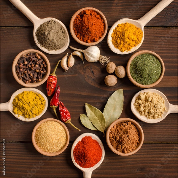 Obraz Various spices in bowls and mixing spoons  - Top view