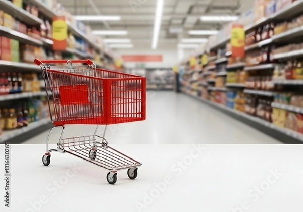 Fototapeta Red Shopping Cart in Supermarket Aisle Ready for Groceries Purchase