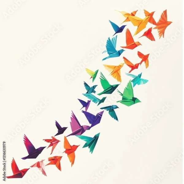 Fototapeta A flock of origami birds in various vibrant colors takes flight