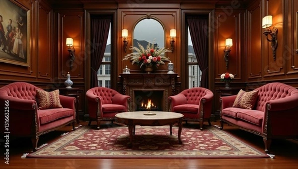 Fototapeta Luxurious Vintage Living Room with Red Velvet Armchairs, Antique Details & Cozy Atmosphere