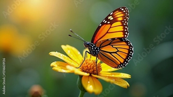 Fototapeta Vibrant butterfly rests on sunlit flower capturing butterfly essence, butterfly energy uplifting nature-based content for stock creators seeking bright, macro-friendly visuals worldwide.