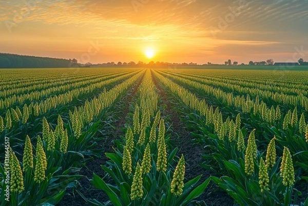 Fototapeta As the sun begins its ascent, painting the sky with hues of gold and rose, a vast field awakens to the dawn Rows upon rows of flowering plants stretch towards the horizon, their vibrant colors