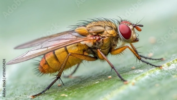 Fototapeta Macro Photography of a Fly: A detailed macro shot captures a common fly on a green leaf, revealing intricate features and textures in high resolution.