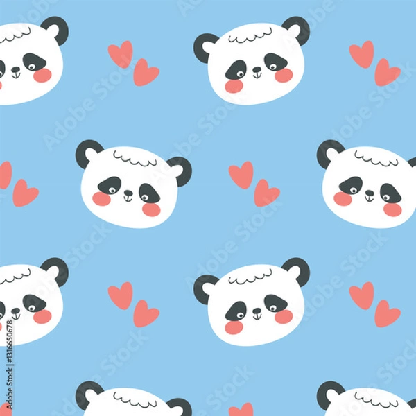 Fototapeta Adorable panda face with hearts seamless pattern, vector illustration for nursery and textile design