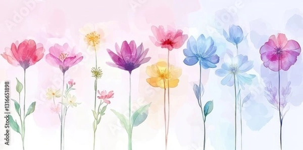 Fototapeta A collection of watercolor flowers in vibrant and pastel colors