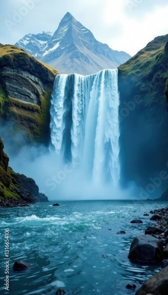 Obraz A waterfall creates a veil of spray in front of a mountain, water, force