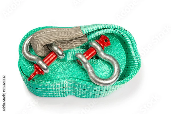 Fototapeta Car towing stop with metal shackles included. Car recovery kit with bow-shaped bracket and towing strap. Close-up on white background.
