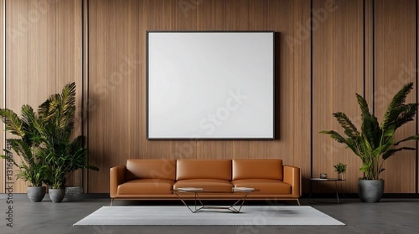 Fototapeta Modern Tan Leather Sofa in a Minimalist Wood-Paneled Room - 3D Render AI Generated