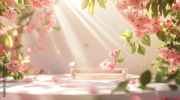 Fototapeta Product display stand for design, product promotion or promotion campaigns with luxury in geometric shapes. The surrounding atmosphere is natural with leaves and flowers. The lighting is perfect.